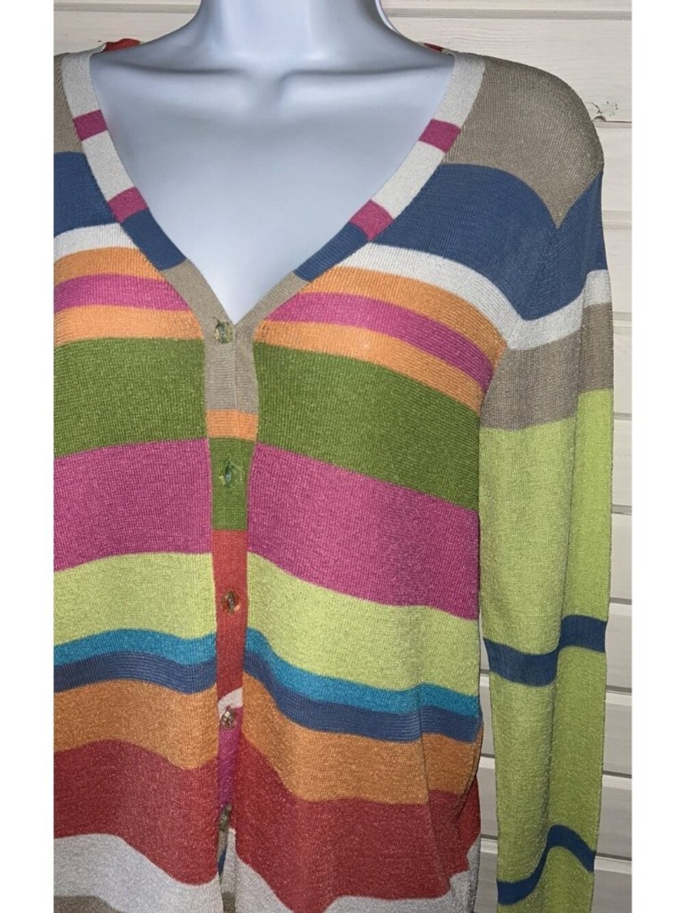 NWT Sigrid Olsen Sz MEDIUM V-Neck Cardigan Sweater Colorful Striped Button Front